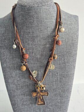 Designer Sterling Silver & Gemstone Leather Cross Pendant by Joel